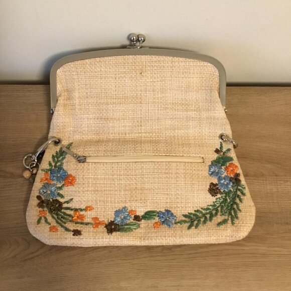 Rafe Multicolor Floral Embroidered Straw Clutch Purse with Kiss Lock Closure - Picture 3 of 4